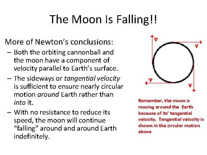 The Moon Is Falling!! More of Newton’s conclusions: – Both the orbiting cannonball and