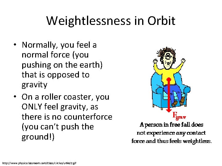 Weightlessness in Orbit • Normally, you feel a normal force (you pushing on the