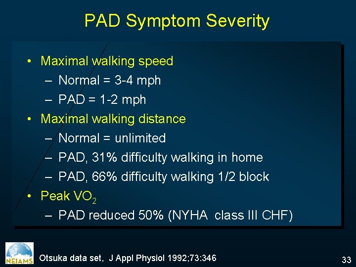 PAD Symptom Severity • Maximal walking speed – Normal = 3 -4 mph –