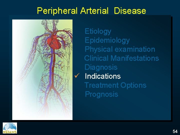 Peripheral Arterial Disease Etiology Epidemiology Physical examination Clinical Manifestations Diagnosis ü Indications Treatment Options