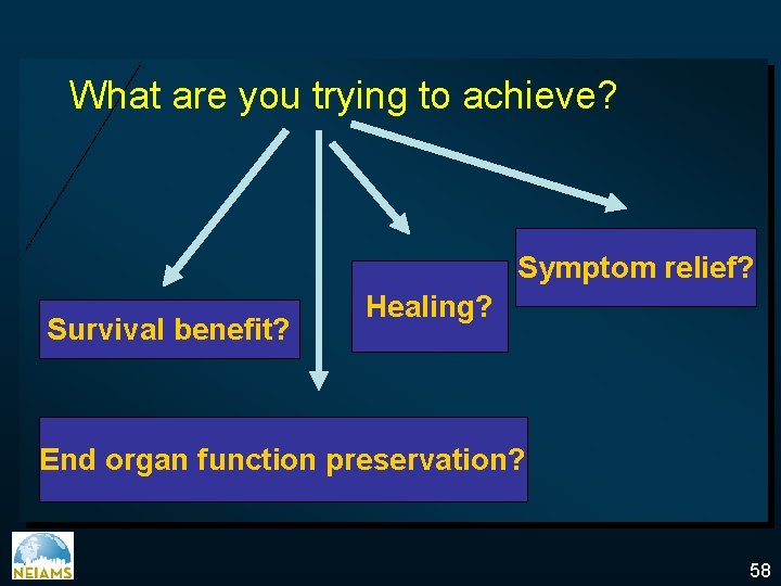 What are you trying to achieve? Symptom relief? Survival benefit? Healing? End organ function