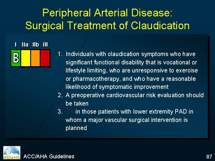 Peripheral Arterial Disease: Surgical Treatment of Claudication I IIa IIb III 1. Individuals with
