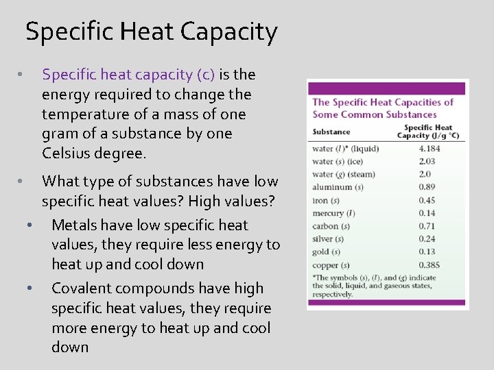 Specific Heat Capacity • Specific heat capacity (c) is the energy required to change