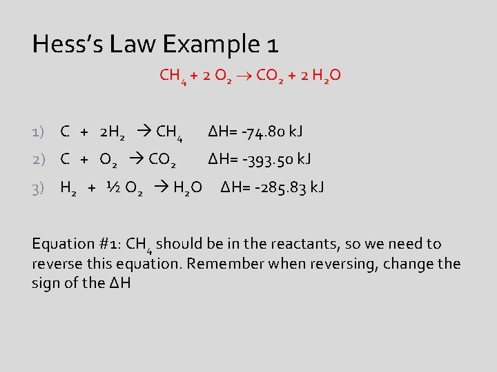 Hess’s Law Example 1 CH 4 + 2 O 2 CO 2 + 2