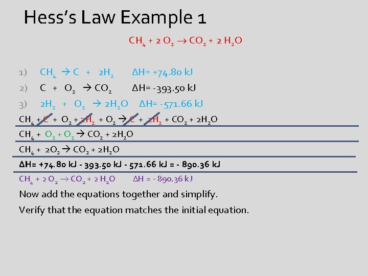 Hess’s Law Example 1 CH 4 + 2 O 2 CO 2 + 2