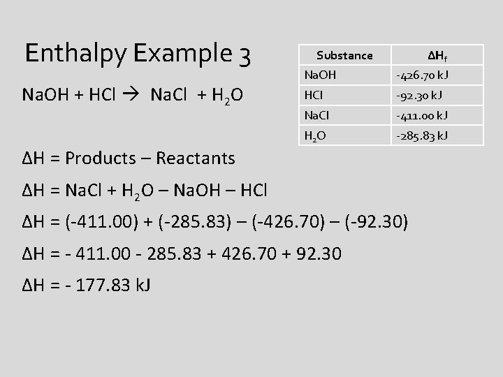 Enthalpy Example 3 Na. OH + HCl Na. Cl + H 2 O Substance
