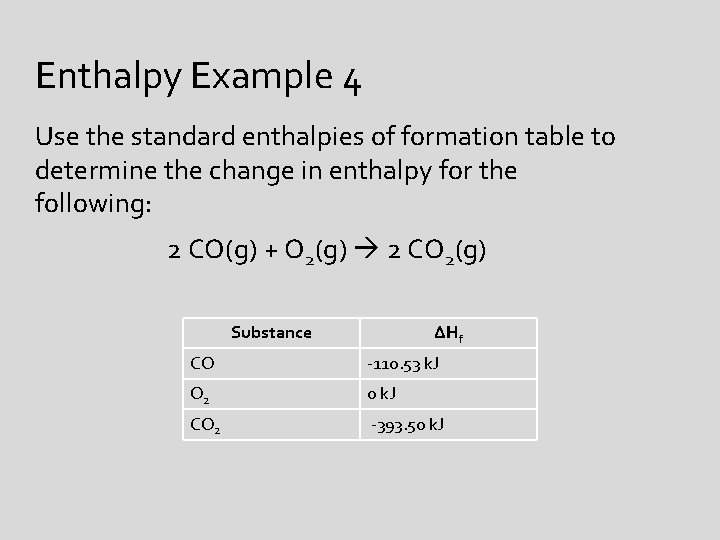 Enthalpy Example 4 Use the standard enthalpies of formation table to determine the change