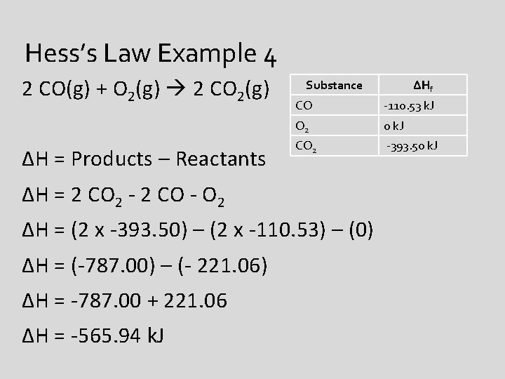 Hess’s Law Example 4 2 CO(g) + O 2(g) 2 CO 2(g) ΔH =