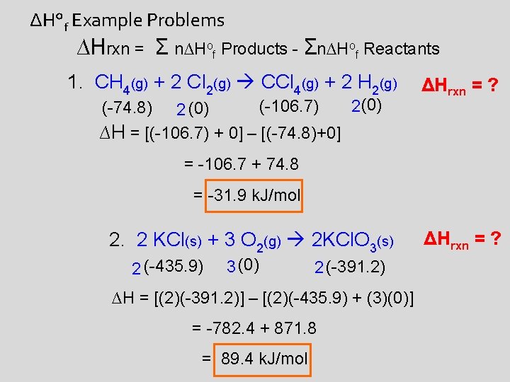 ΔH°f Example Problems ∆Hrxn = Σ n∆Hof Products - Σn∆Hof Reactants 1. CH 4(g)