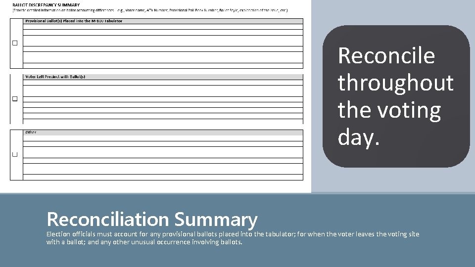 Reconcile throughout the voting day. Reconciliation Summary Election officials must account for any provisional