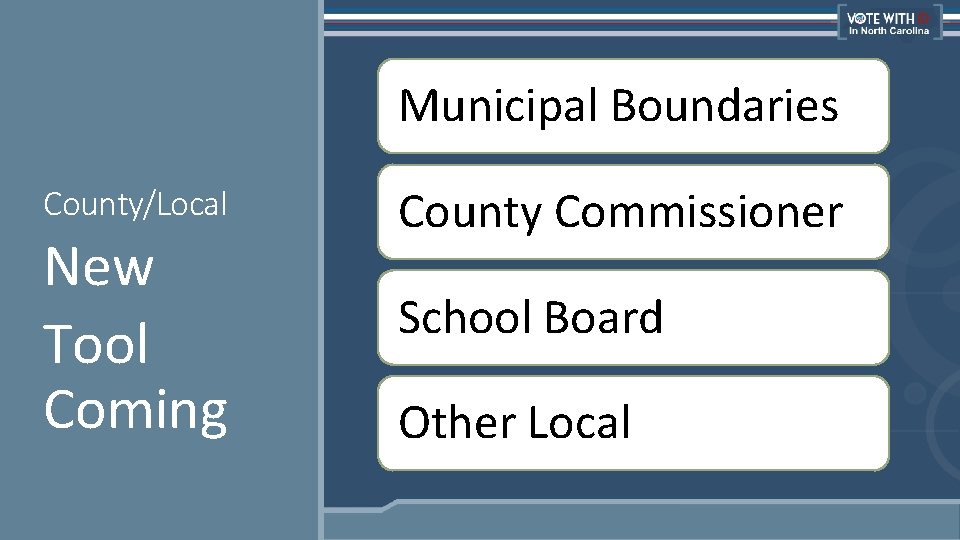 Municipal Boundaries County/Local New Tool Coming County Commissioner School Board Other Local 