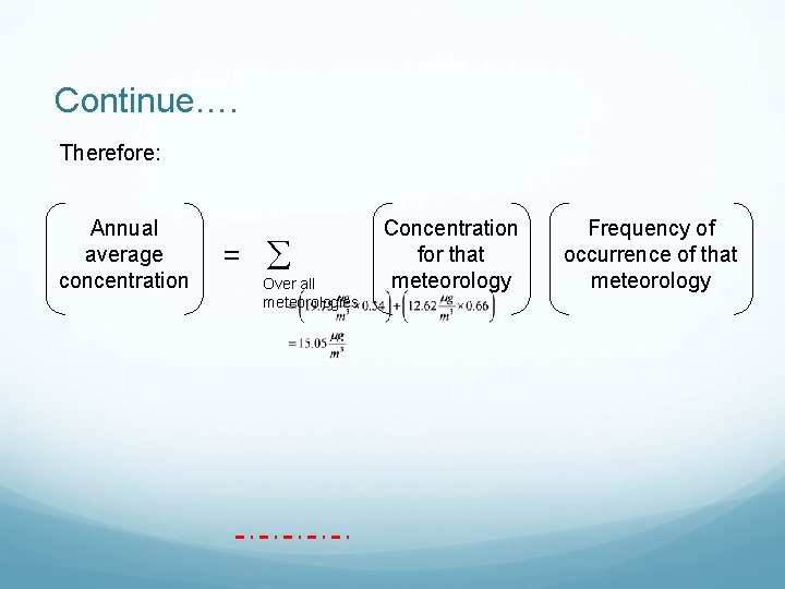 Continue…. Therefore: Annual average concentration = Over all meteorologies Concentration for that meteorology Frequency