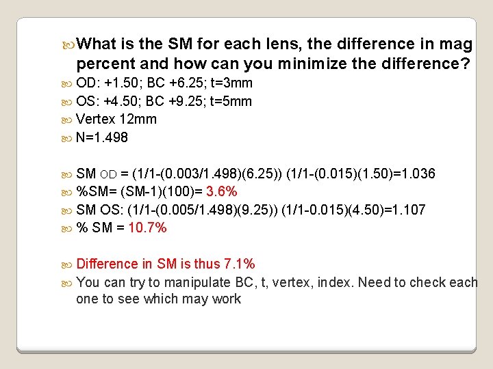 What is the SM for each lens, the difference in mag percent and What is the SM for each lens, the difference in mag percent and