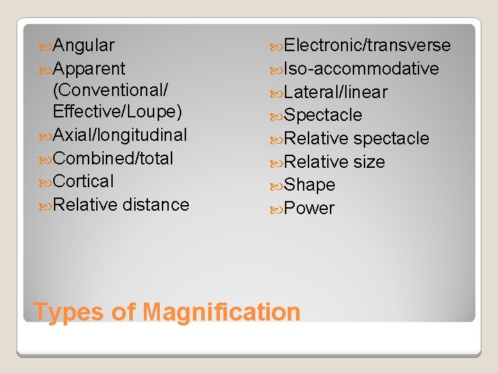Angular Electronic/transverse Apparent Iso-accommodative (Conventional/ Effective/Loupe) Axial/longitudinal Combined/total Cortical Relative distance Lateral/linear Spectacle Angular Electronic/transverse Apparent Iso-accommodative (Conventional/ Effective/Loupe) Axial/longitudinal Combined/total Cortical Relative distance Lateral/linear Spectacle
