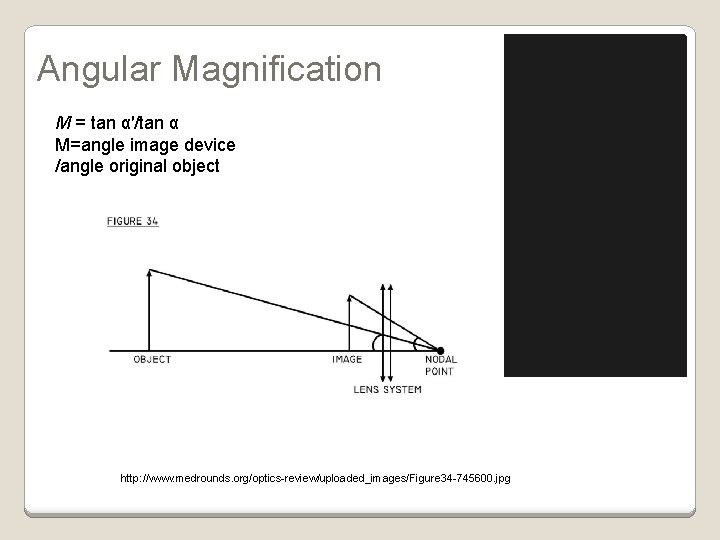 Angular Magnification M = tan α′/tan α M=angle image device /angle original object The Angular Magnification M = tan α′/tan α M=angle image device /angle original object The