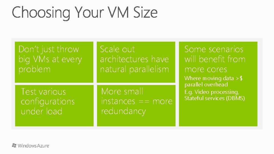 Don’t just throw big VMs at every problem Scale out architectures have natural parallelism