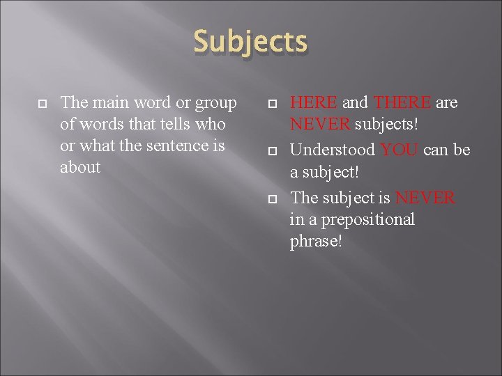Subjects The main word or group of words that tells who or what the