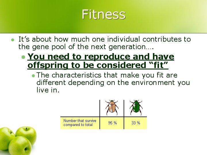 Fitness l It’s about how much one individual contributes to the gene pool of