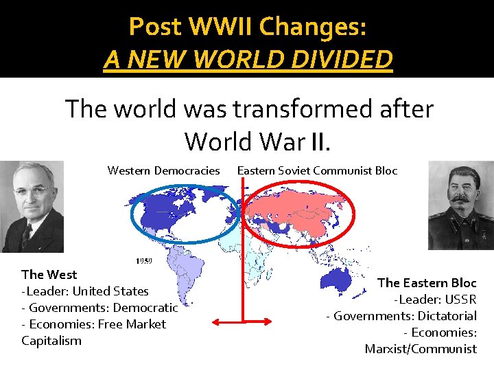 Post WWII Changes: A NEW WORLD DIVIDED The world was transformed after World War