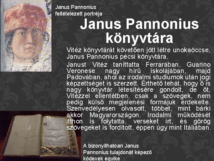 Janus Pannonius feltételezett portréja Janus Pannonius könyvtára Vitéz könyvtárát követően jött létre unokaöccse, Janus