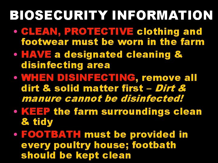 BIOSECURITY INFORMATION • CLEAN, PROTECTIVE clothing and footwear must be worn in the farm