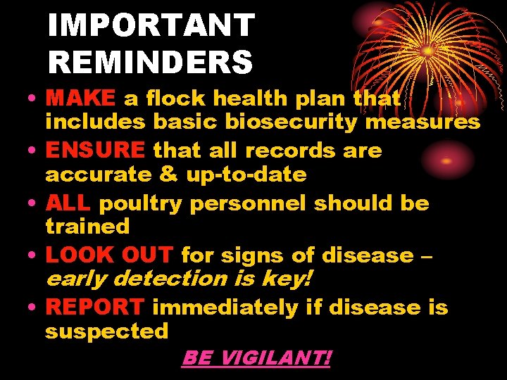 IMPORTANT REMINDERS • MAKE a flock health plan that includes basic biosecurity measures •