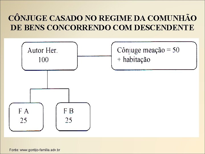 CÔNJUGE CASADO NO REGIME DA COMUNHÃO DE BENS CONCORRENDO COM DESCENDENTE Fonte: www. gontijo-família.