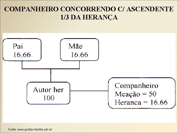 COMPANHEIRO CONCORRENDO C/ ASCENDENTE 1/3 DA HERANÇA Fonte: www. gontijo-família. adv. br 