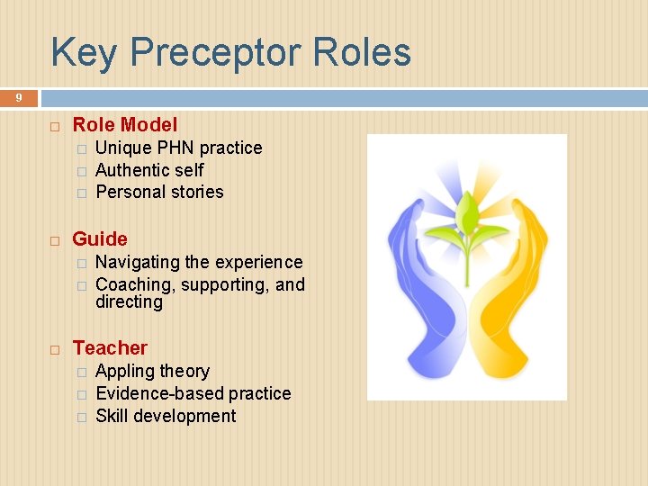 Key Preceptor Roles 9 Role Model � � � Guide � � Unique PHN