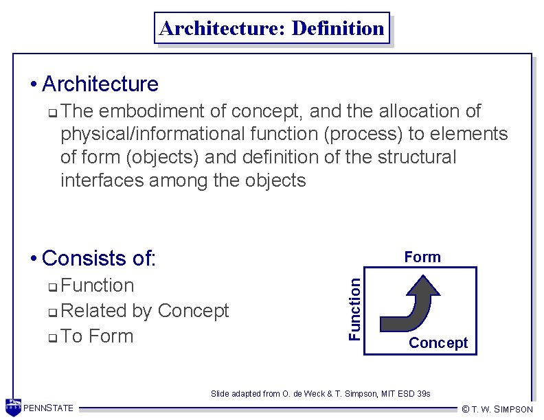Architecture: Definition • Architecture q The embodiment of concept, and the allocation of physical/informational