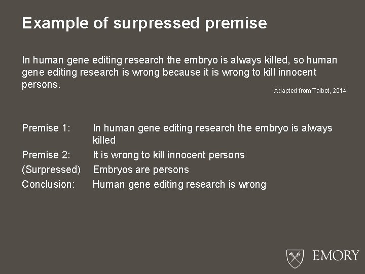 Example of surpressed premise In human gene editing research the embryo is always killed,