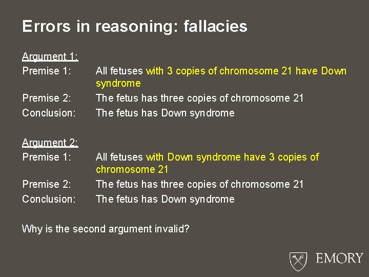 Errors in reasoning: fallacies Argument 1: Premise 2: Conclusion: Argument 2: Premise 1: Premise