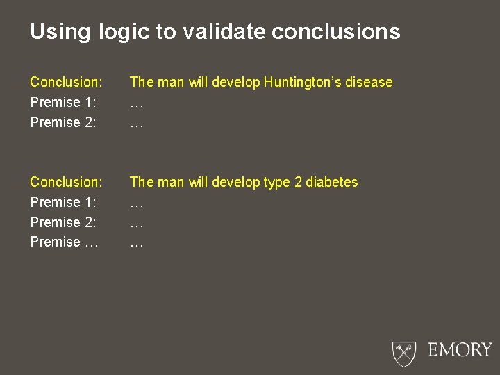 Using logic to validate conclusions Conclusion: Premise 1: Premise 2: The man will develop