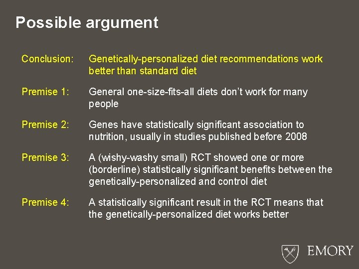 Possible argument Conclusion: Genetically-personalized diet recommendations work better than standard diet Premise 1: General