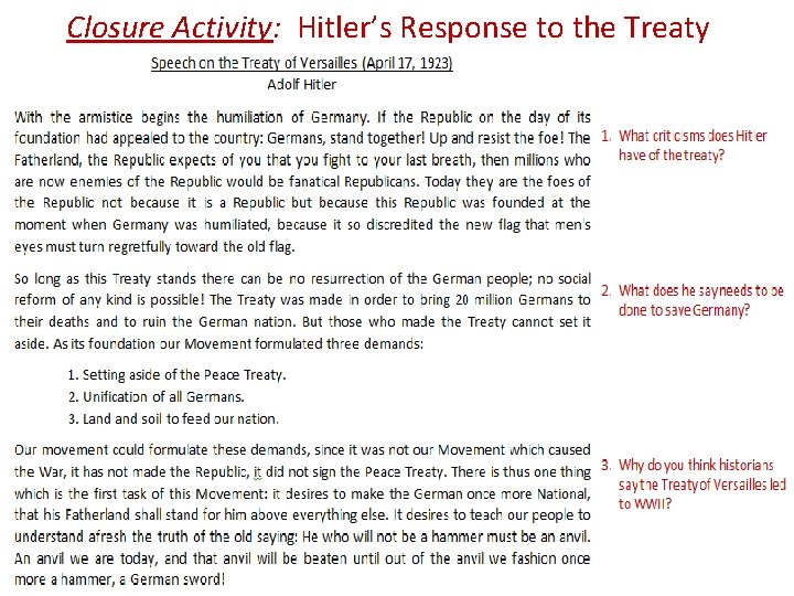 Closure Activity: Hitler’s Response to the Treaty 