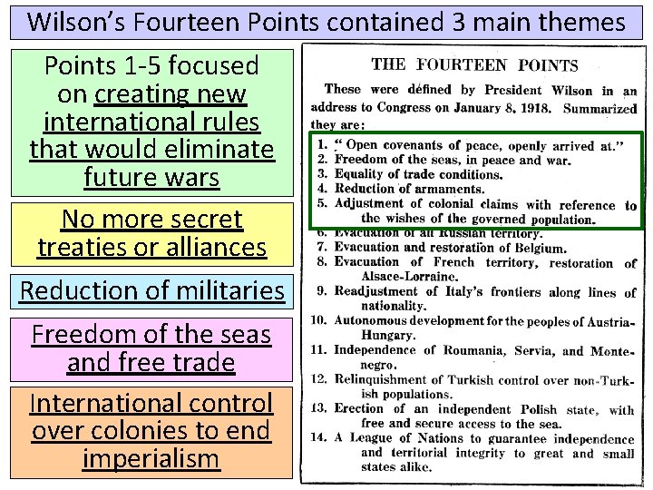 Wilson’s Fourteen Points contained 3 main themes Points 1 -5 focused on creating new