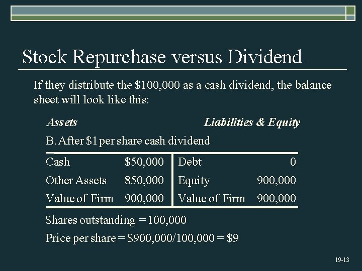Stock Repurchase versus Dividend If they distribute the $100, 000 as a cash dividend,