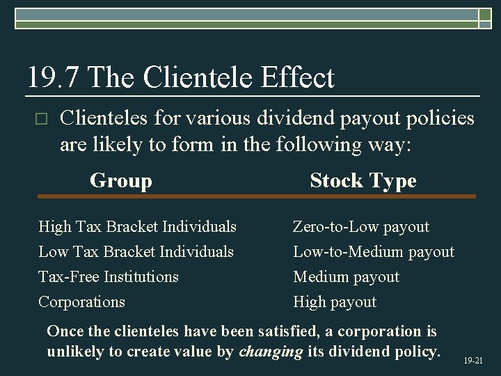 19. 7 The Clientele Effect o Clienteles for various dividend payout policies are likely