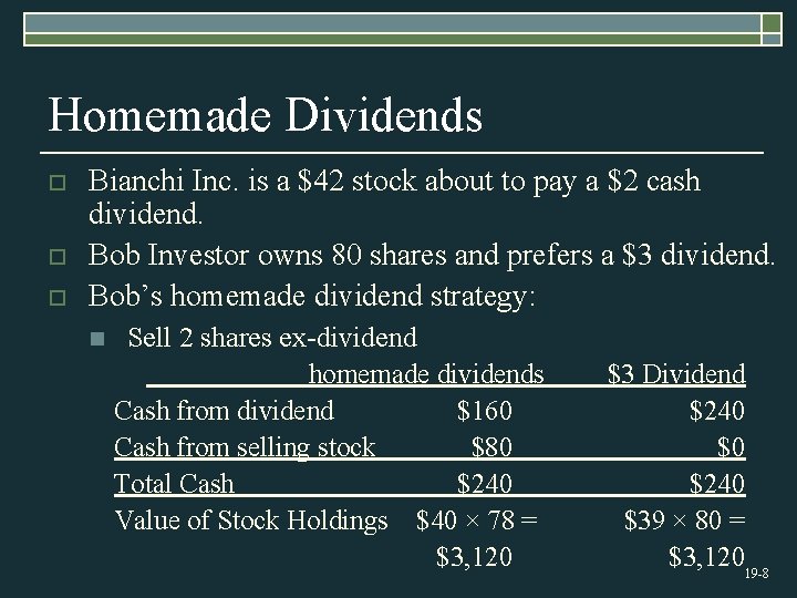 Homemade Dividends o o o Bianchi Inc. is a $42 stock about to pay