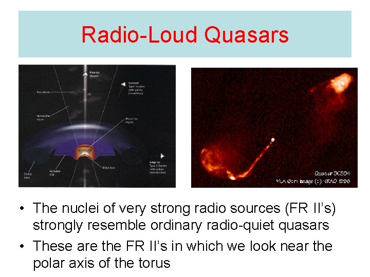 Radio-Loud Quasars • The nuclei of very strong radio sources (FR II’s) strongly resemble