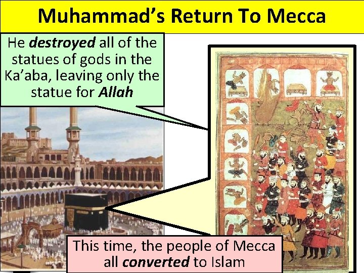 Muhammad’s Return To Mecca He destroyed all of the statues of gods in the