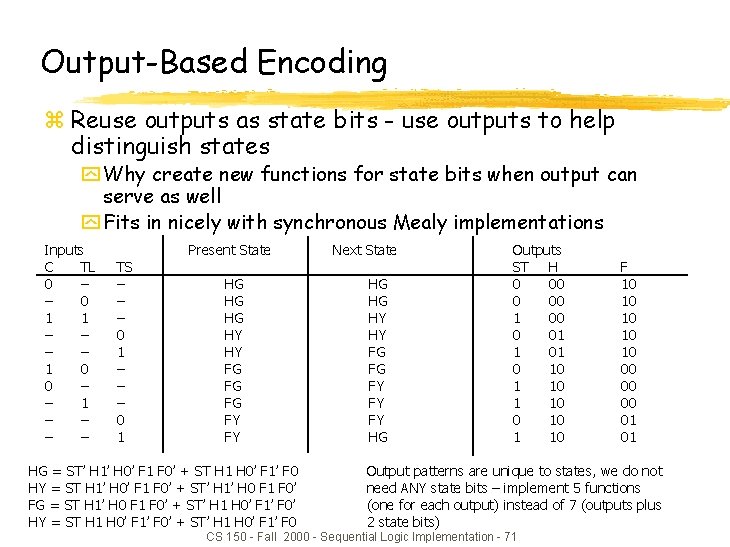Output-Based Encoding z Reuse outputs as state bits - use outputs to help distinguish