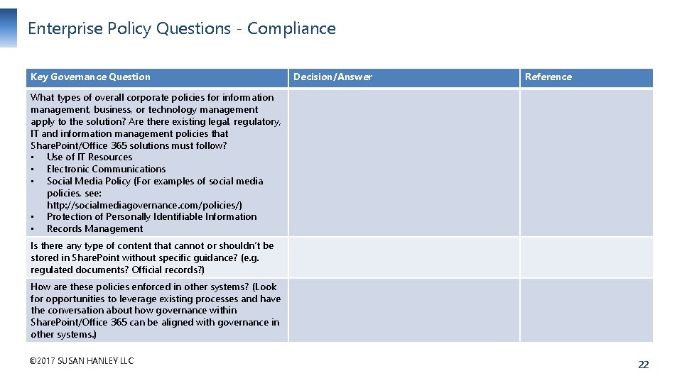Enterprise Policy Questions - Compliance Key Governance Question Decision/Answer Reference What types of overall
