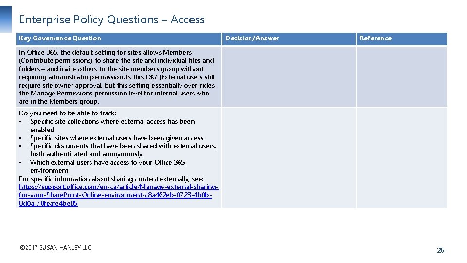 Enterprise Policy Questions – Access Key Governance Question Decision/Answer Reference In Office 365, the