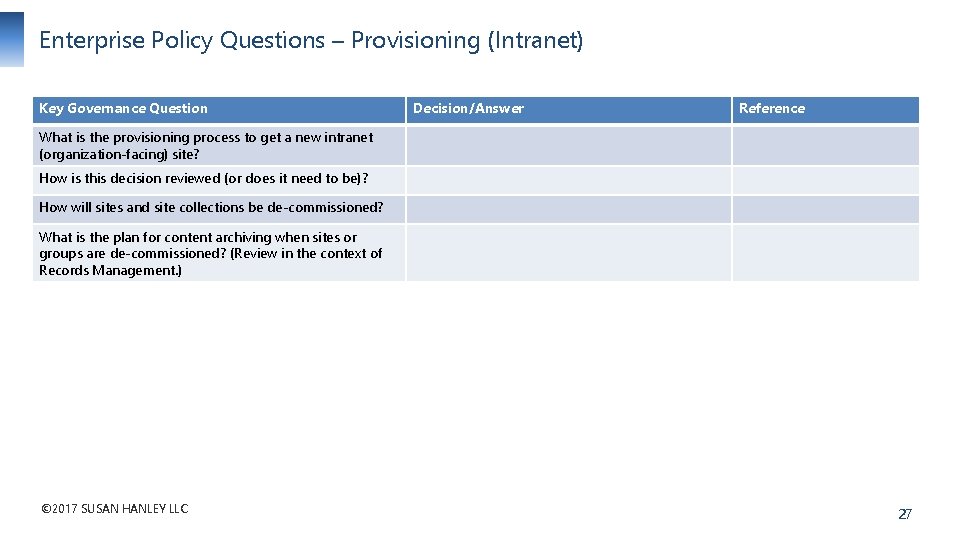 Enterprise Policy Questions – Provisioning (Intranet) Key Governance Question Decision/Answer Reference What is the