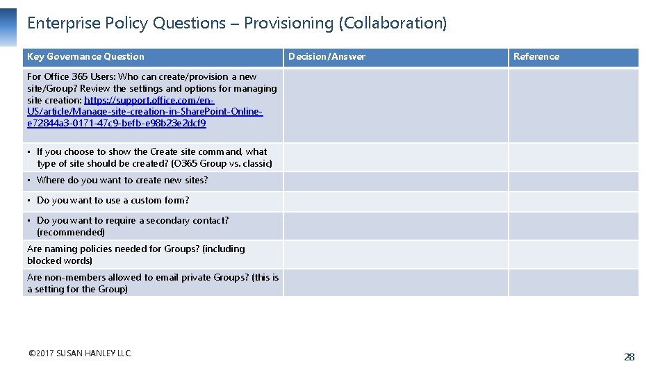 Enterprise Policy Questions – Provisioning (Collaboration) Key Governance Question Decision/Answer Reference For Office 365