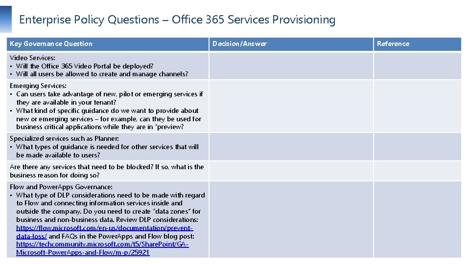 Enterprise Policy Questions – Office 365 Services Provisioning Key Governance Question Decision/Answer Reference Video