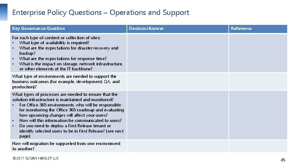 Enterprise Policy Questions – Operations and Support Key Governance Question Decision/Answer Reference For each