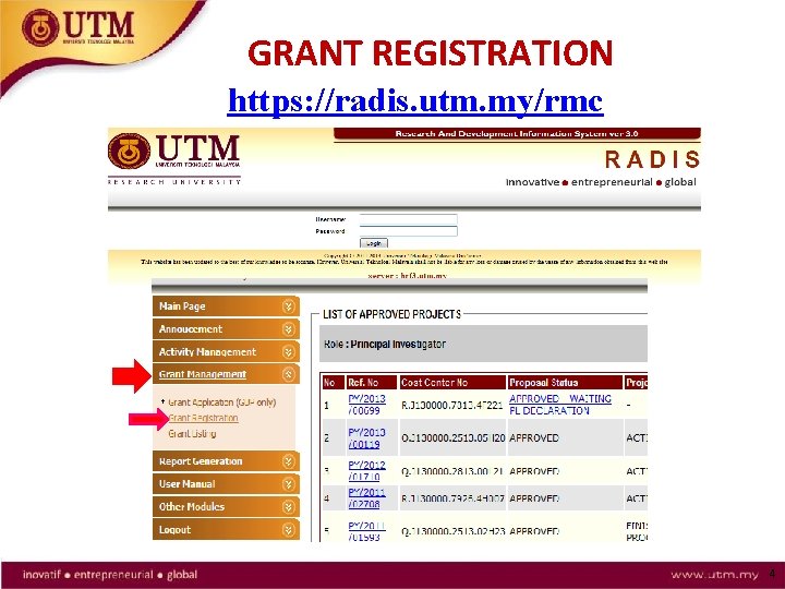 GRANT REGISTRATION https: //radis. utm. my/rmc 4 