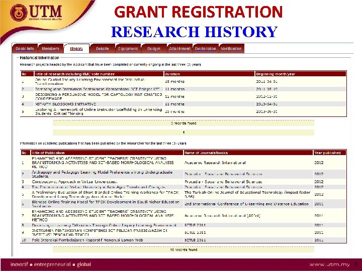 GRANT REGISTRATION RESEARCH HISTORY 8 